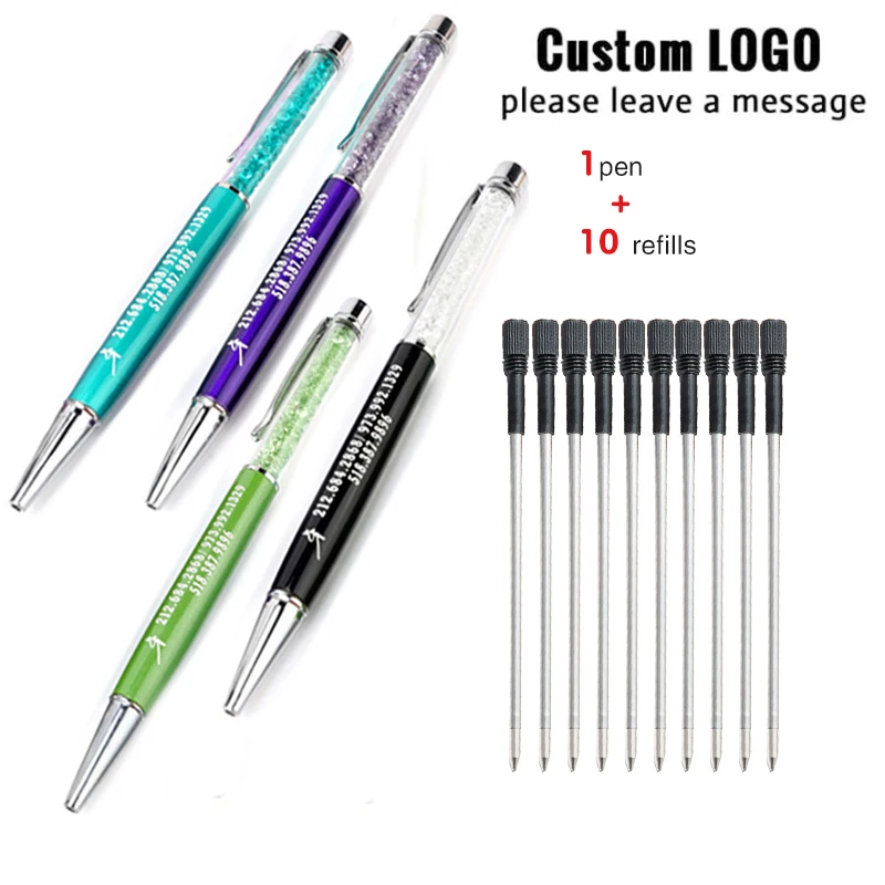 

1+10Pcs/Set Custom Made Colorful Rhinestone Couple Ballpoint Pen Refill Birthday Valentine's Day Engraved Gift Office Stationery