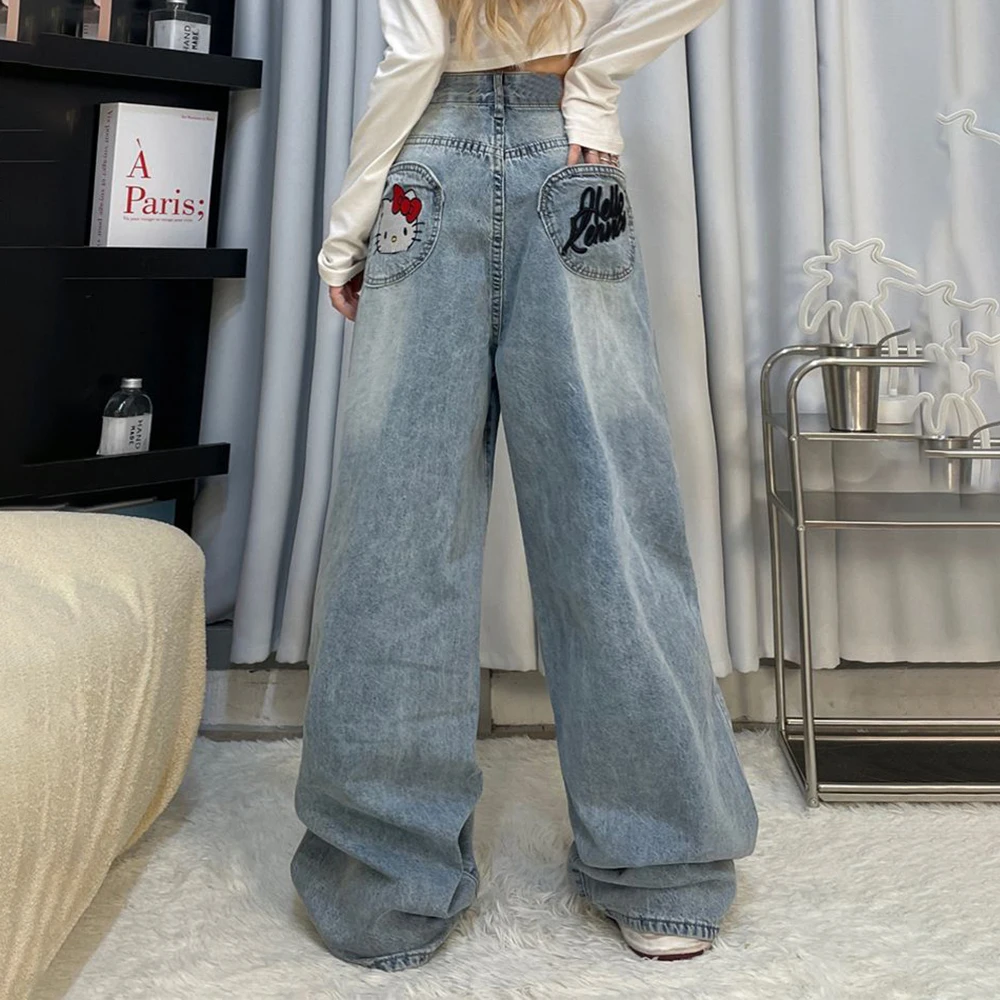 Cartoon Y2K Jeans Sanrioed Hello Kitty Cotton Wide Leg Pants Kt Straight Leg Trousers Cute Retro High Waisted Jeans Sweet Girl