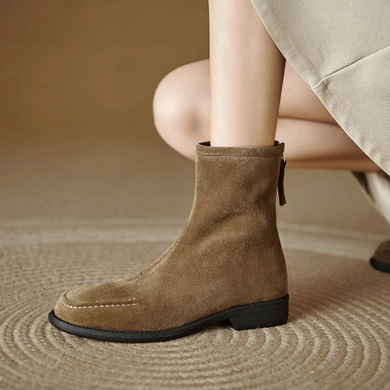 Women's Cow Suede Chelsea Boots - Low Heel Zipper Short Boots