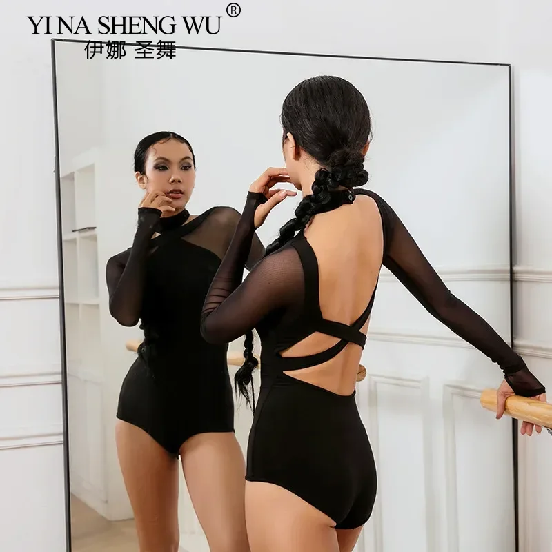 Femmes danse latine noir haut dos nu combinaison body salle de bal danse latine justaucorps d'entraînement Samba Rumba Cha Cha vêtements de pratique