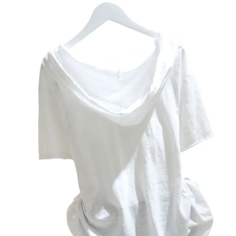 T-shirt blanc à capuche pour femme, ample, coupe cintrée, confortable et respirant, automne, autre matériau 00%