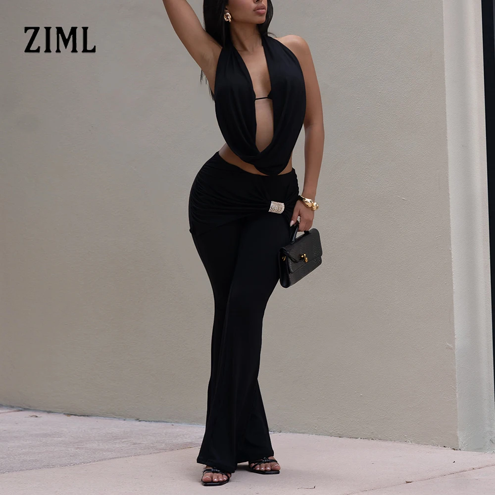 ZIML مثير التخسيس طيات قطعتين مجموعات للنساء العميق الخامس الرقبة أكمام أعلى عالية الخصر السراويل الصيف شيك حزب مجموعة الإناث جديد