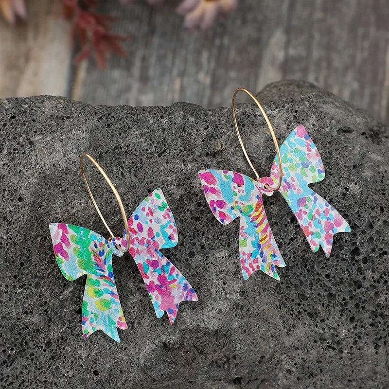 خمر البوهيمي الذهب اللون الملونة ربطة القوس فيونكة الاكريليك استرخى أقراط للنساء الملحقات #4