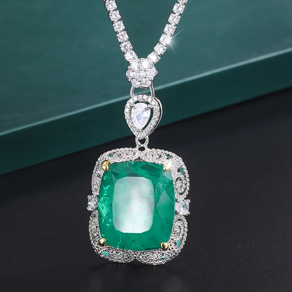 Luxury Vintage 20*23mm Emerald Pendant Tennis Chain Necklace for Women Lab Diamond Cocktail Party Fine Jewelry Accessories Gift