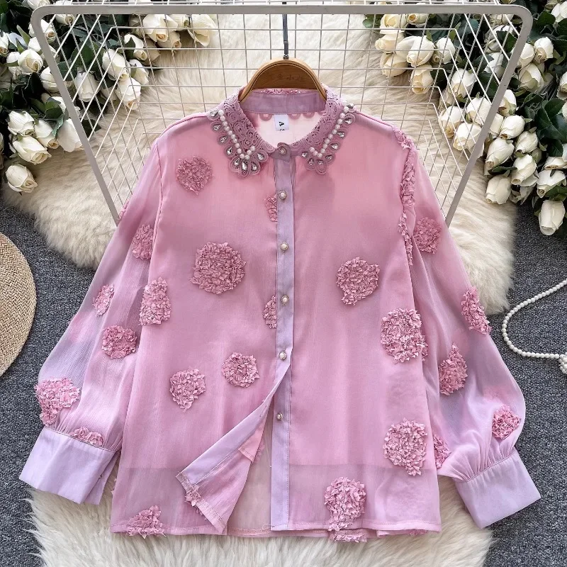 2025 Spring New Vintage French Women Clothing Blusas Mujer Turn Down Collar Beading High Grade Blouses Stereo Flower Chic Shirts