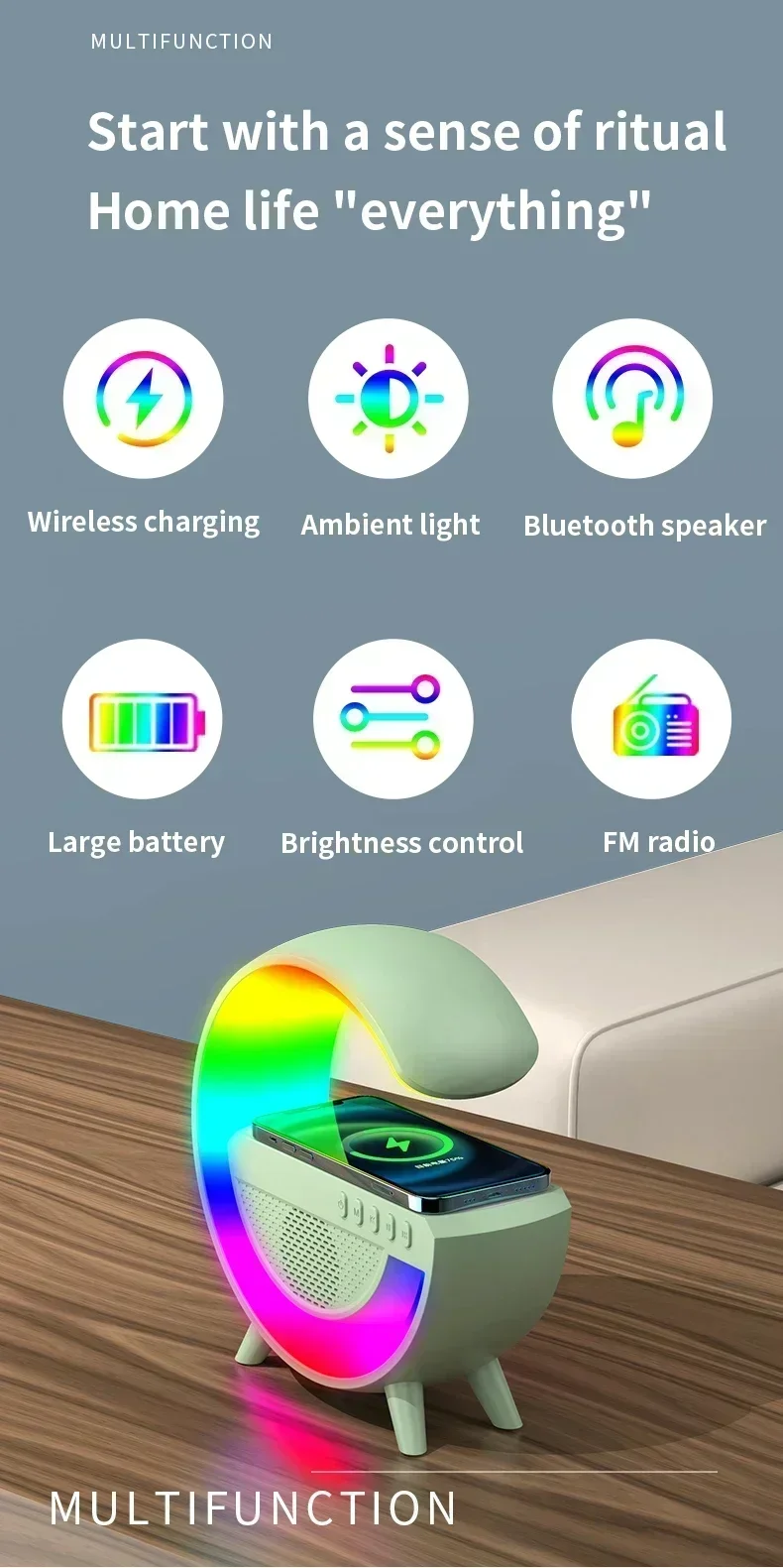 ลำโพงบลูทูธ RGB ชาร์จไร้สายได้เหมาะสำหรับ iPhone Xiaomi Samsung, ชาร์จได้เร็ว