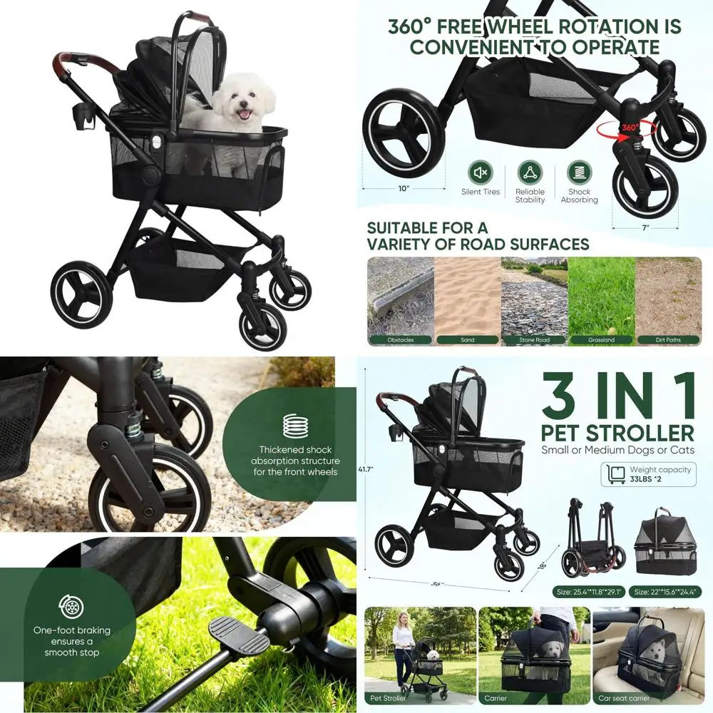 3-in-1 Foldable Pet Stroller for Dogs & Cats Up to 50lbs, Portable Bag, Storage Basket, Easy Folding Frame