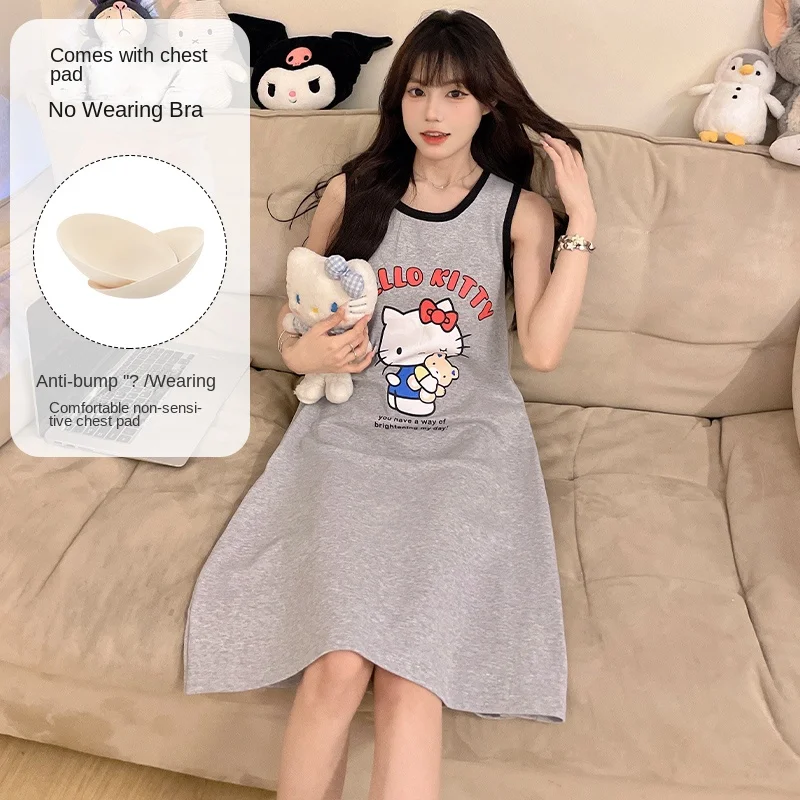 Sanrio New Hello Kitty Women\'s Night Skirt with Chest Pad Casual Cute Comfortable and Refreshing Home Strap Pajamas