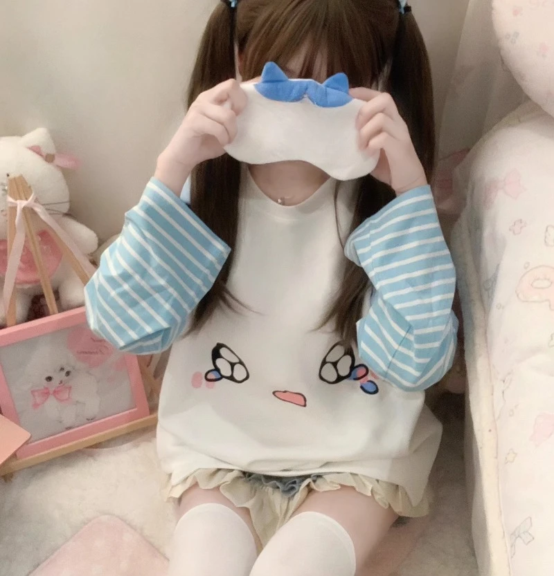 2024 Japanese Original Autumn New Cute Fake Two-piece Cartoon Kitten Ears Color Matching Striped Sweater Top For Girl