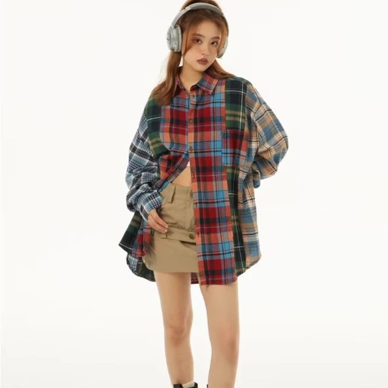 Plaid Shirts Women European Style Vintage Nostalgic Contrast Color Turn-down Collar All-match Prevalent Ladies Clothing Summer