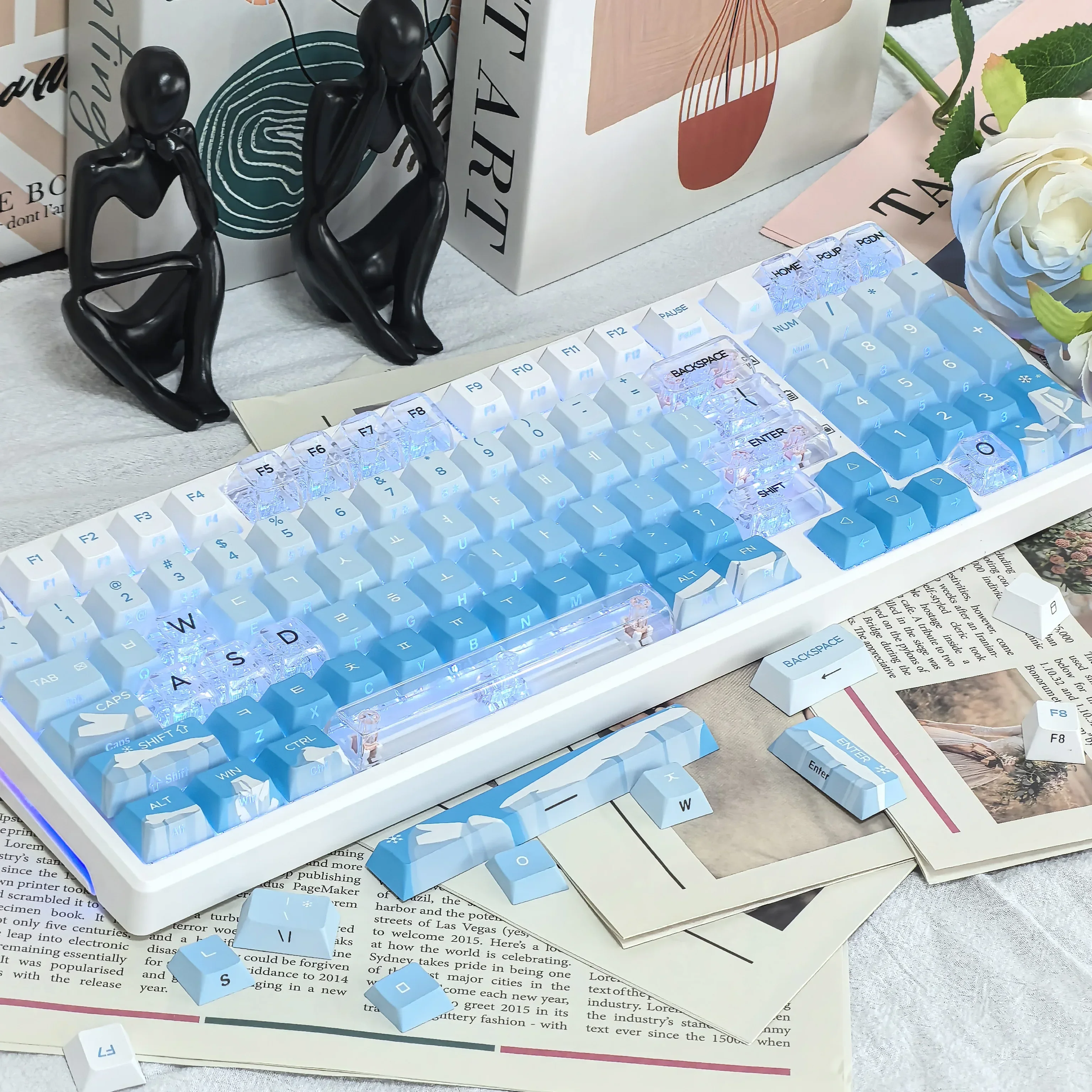 Korean Glacier Side-Engraved Translucent Keycaps OEM PBT Sublimation 122-Key DIY Fresh Gradient Blue White KR/korean Keycaps