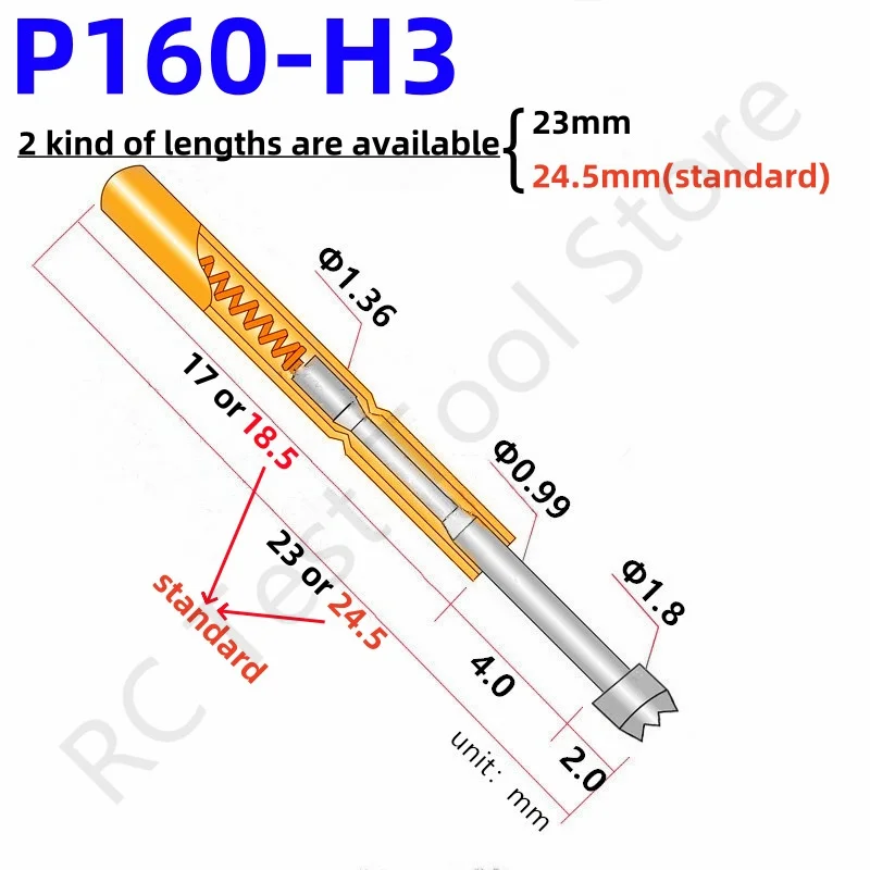 100PCS P160-H3 Spring Test Pin Test Probe 23 or 24.5mm Dia 1.80mm Needle Pogo Pin P160-H Dia 1.36mm Circuit Board PCB Test Tool