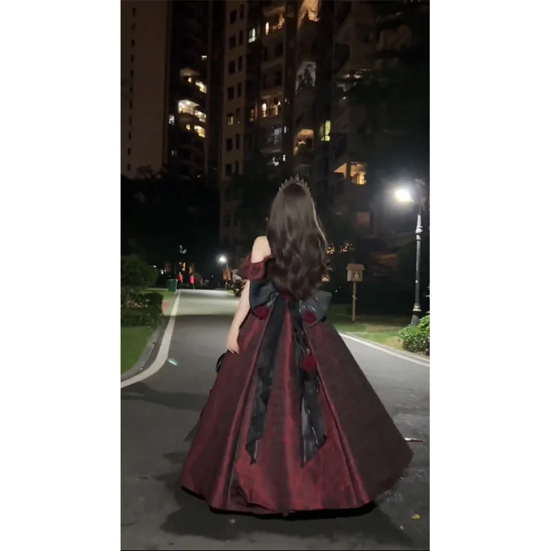 검은 색과 빨간색 로리타 여성 웨딩 드레스 우아한 화려한 공주 드레스 여성을위한 높은 허리 라인 맥시 드레스