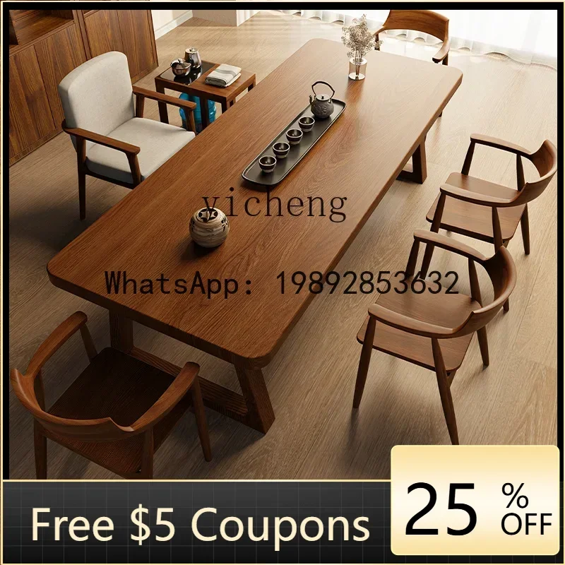 Z2 Living Room Home Office Tea Table Solid Wood Large Board Tea Table and Chair Set Simple One Table Five Chairs Natural Wood