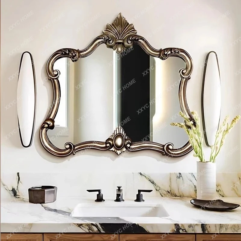 X-S retro bathroom mirror wall hanging,  living room bedroom entrance carved decorative mirror HG