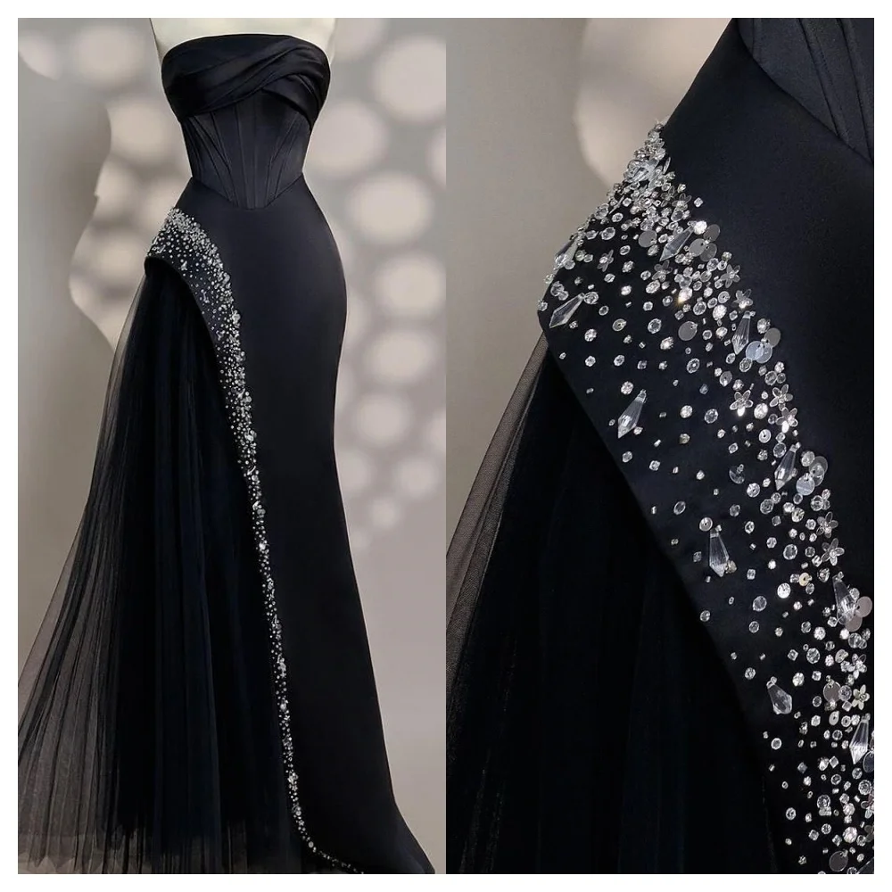 

Customized Mermaid Luxury Black Satin Evening Dress Fashion Strapless Sleeveless Party Dress Delicate Floor Length Prom Dress