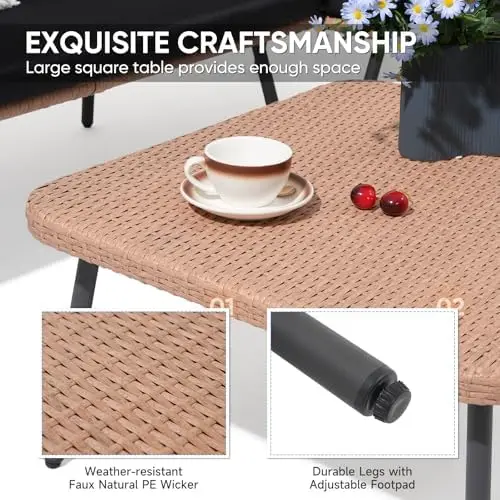 4-Piece Outdoor Wicker Patio Furniture Set with Cushions & Square Table, Black