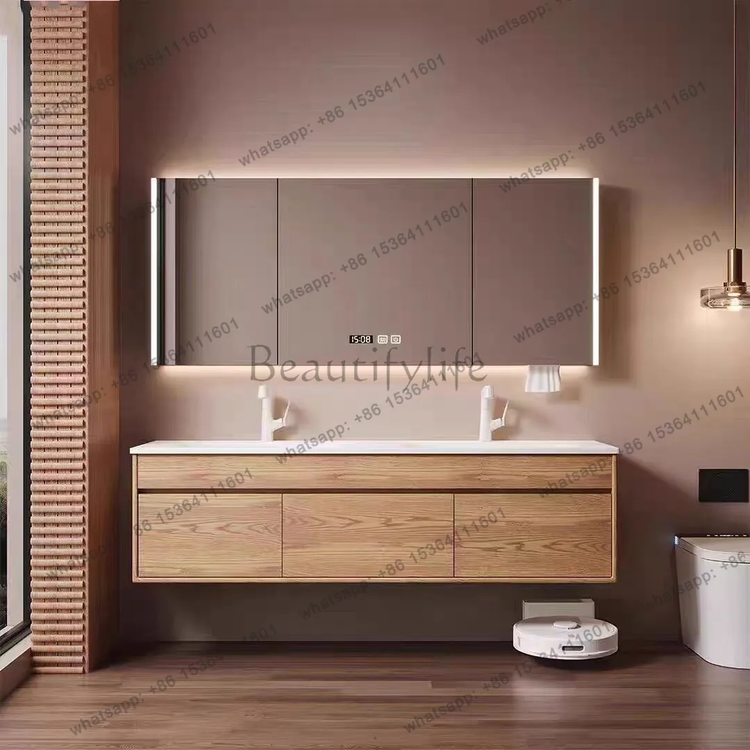 

Wabi-sabi medieval bathroom cabinet slate hot bending integrated double basin combination washbasin red oak