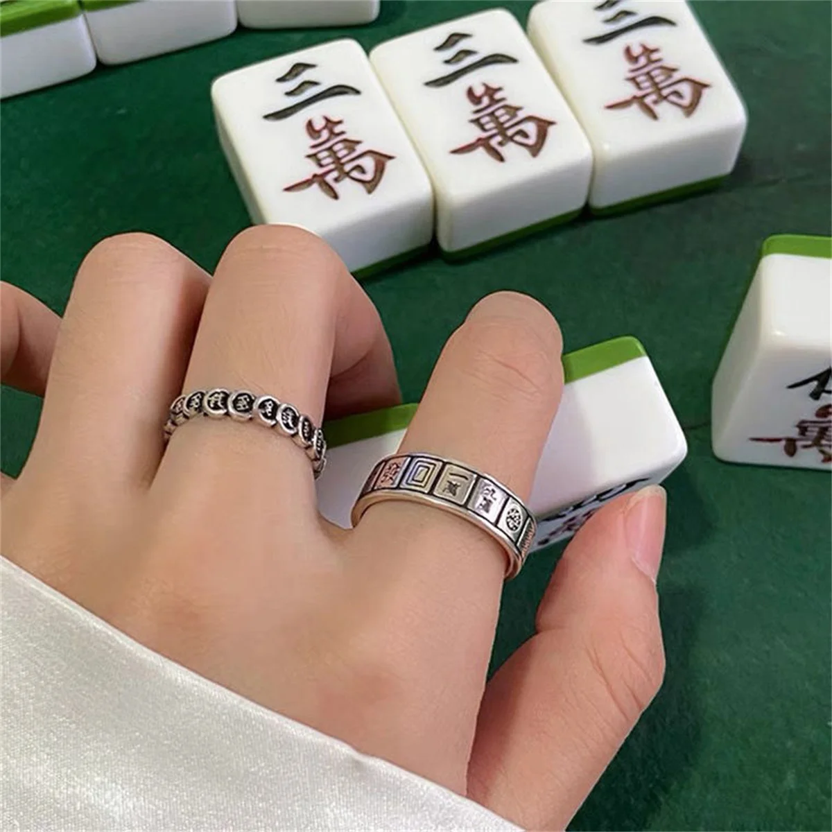 eng Shui Mantra Protection Wealth Ring Vintage Mahjong Finger Ring Amulet Wealth Lucky Opening Adjustable Ring Buddhist Jewelry view 5