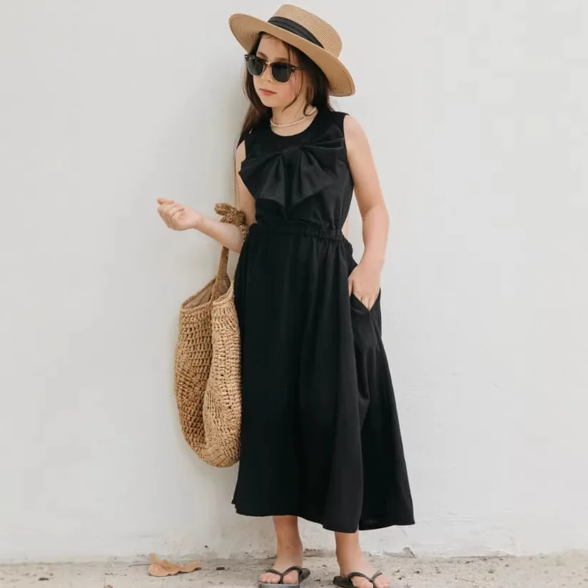 

2026 Новое весеннее детское платье для девочек, милые платья без рукавов с бантом