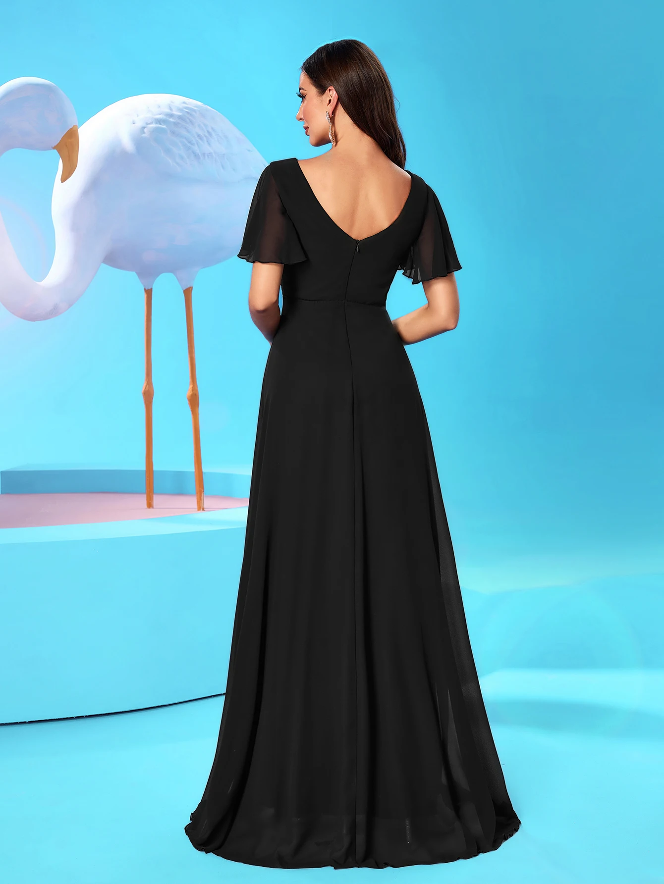 UNITHORSE جولة الرقبة الدانتيل كم مطرز الترتر لصق الشيفون مساء اللباس تنورة #2