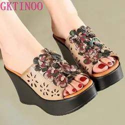 GKTINOO Summer Woman Shoes Platform Slippers Wedge Genuine Leather Women High Heel Slippers For Women Retro Sandals Female Shoes