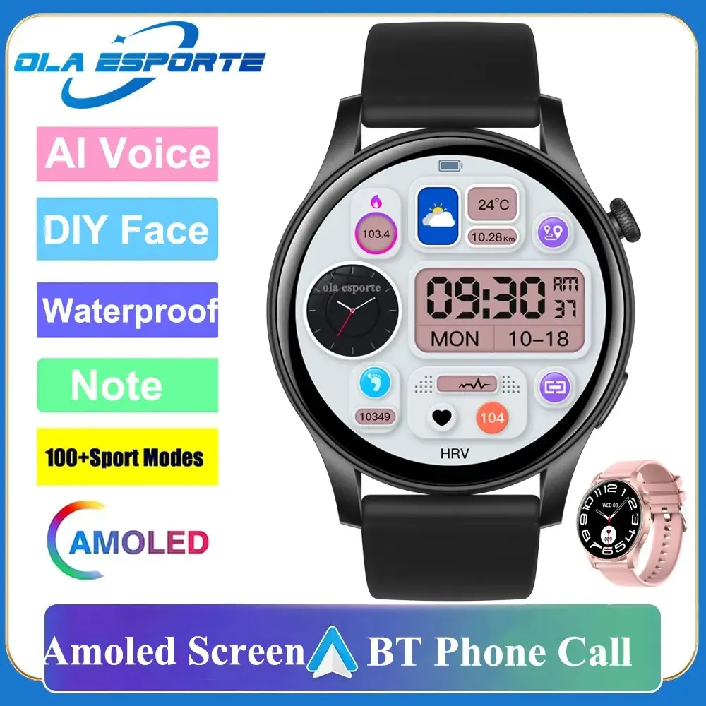 

Смарт-часы Amoled для мужчин и женщин, в Корейском стиле, модель 100 +, спортивные Смарт-часы с поддержкой Bluetooth, звонков, голосового помощника, водонепроницаемые Смарт-часы