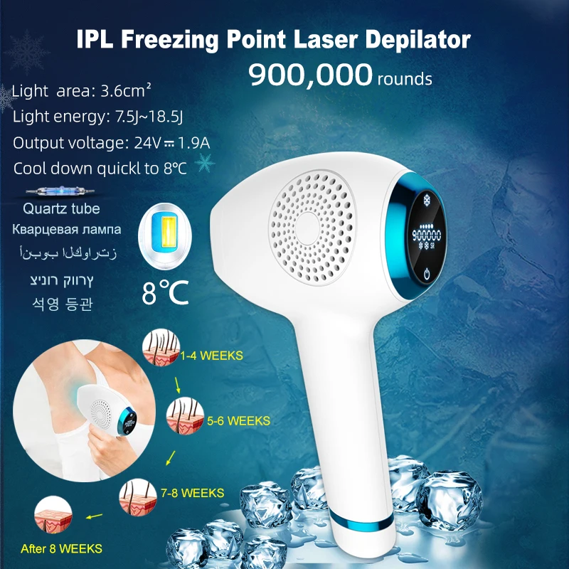 جهاز إزالة الشعر بالليزر من Ice IPL جهاز إزالة الشعر الكهربائي عقد دائم للمنزل 900000 ومضات مزيل شعر الجسم بالكامل للرجال والنساء