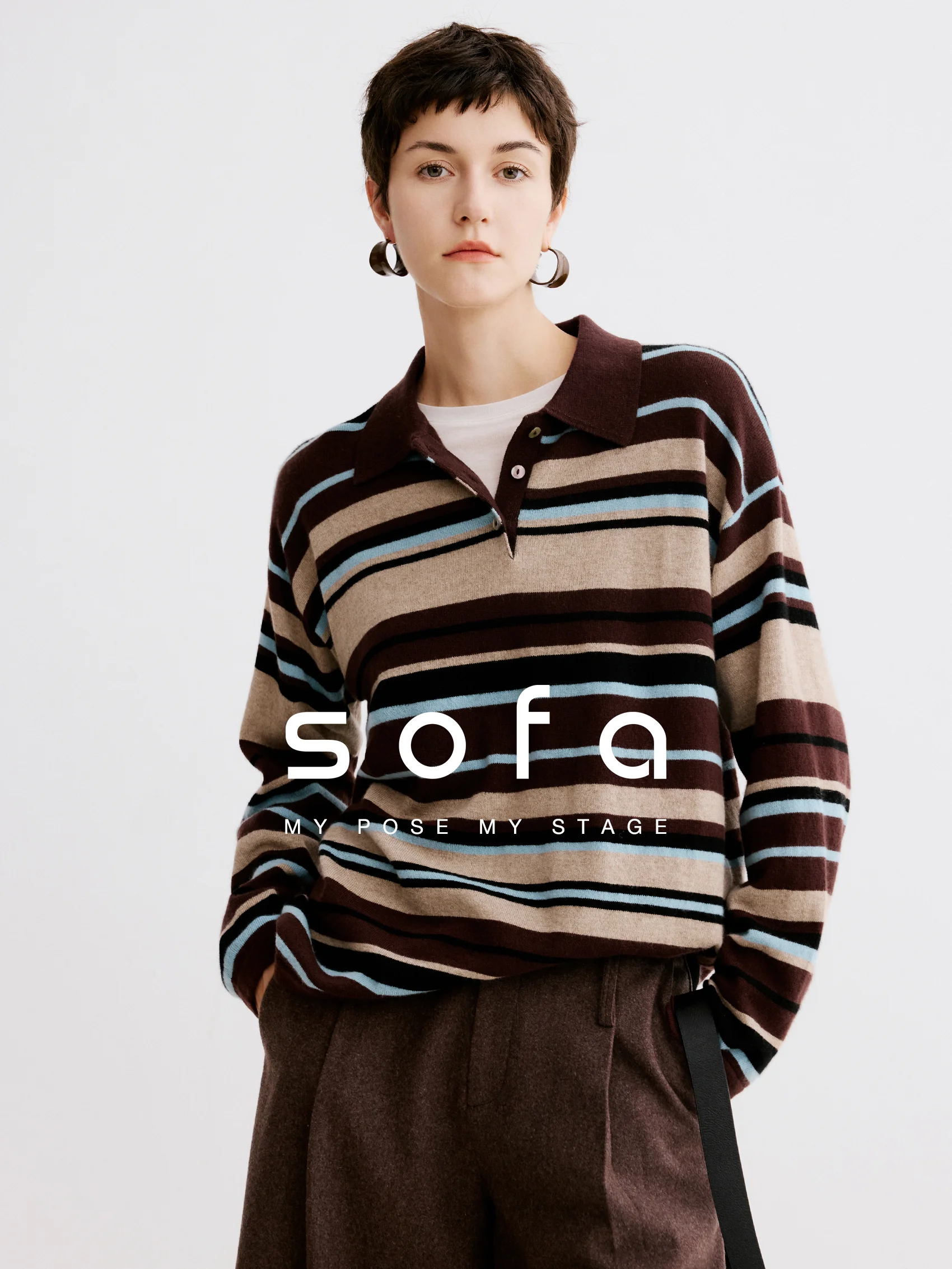 

Modern Neutral Striped Knitwear Collar Loose Sweater Women's Sofa 100 Wool Vintage Style Long Sleeve Regular Fit