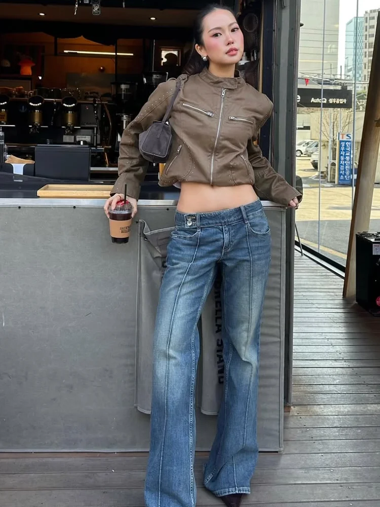 

Stand Up Collar Rivet Zipper Brown Jacket Women's High Neck Slim Fit Short Jacket 2026 Spring Ladies' Fashionable Streetwear New