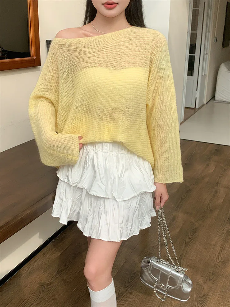 LANMREM Mohair Knitted Wool Sweater Women Slash Neck Solid Color Loose Thin Style Female Fashion Pullover Autumn New 2DA6812