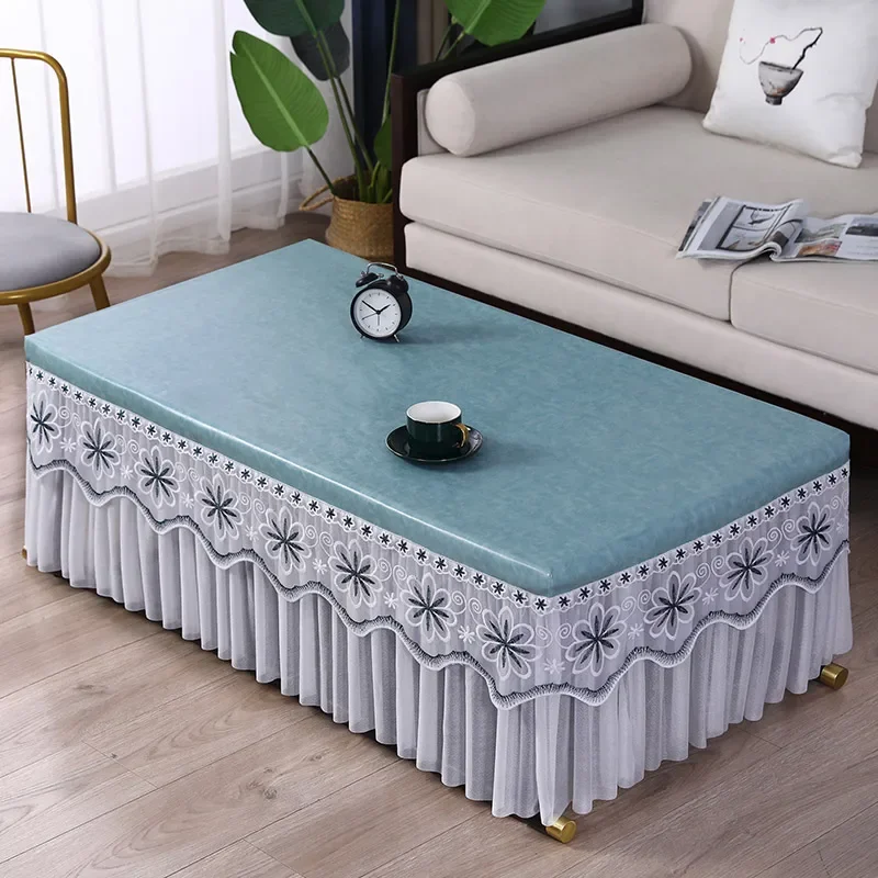 Waterproof Heat-resistant Table Cover Embroidered Lace Edge Leather Tablecloth Dining Table Chiffon Hem Oil Proof Dust Cover