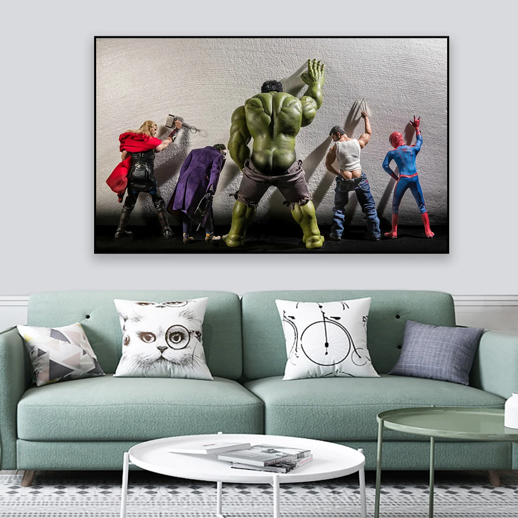 Pintura en lienzo de superhéroe divertido para decoración de pared de baño, póster de Spiderman, Hulk, Thor en el inodoro, imagen de decoración de