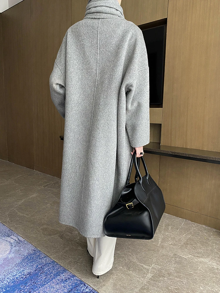 Beige With Scarf Big Size Long Woolen Coat New Lapel Long Sleeve Women Jacket Fashion Tide Autumn Winter