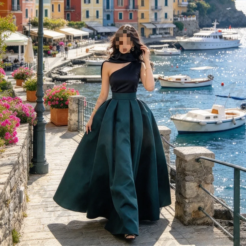 Customized Simple One Shoulder Satin Waist Ball Dresses 2026 Luxury Blue Floor Drawn Ruffle Evening Gown Suitable for Parties