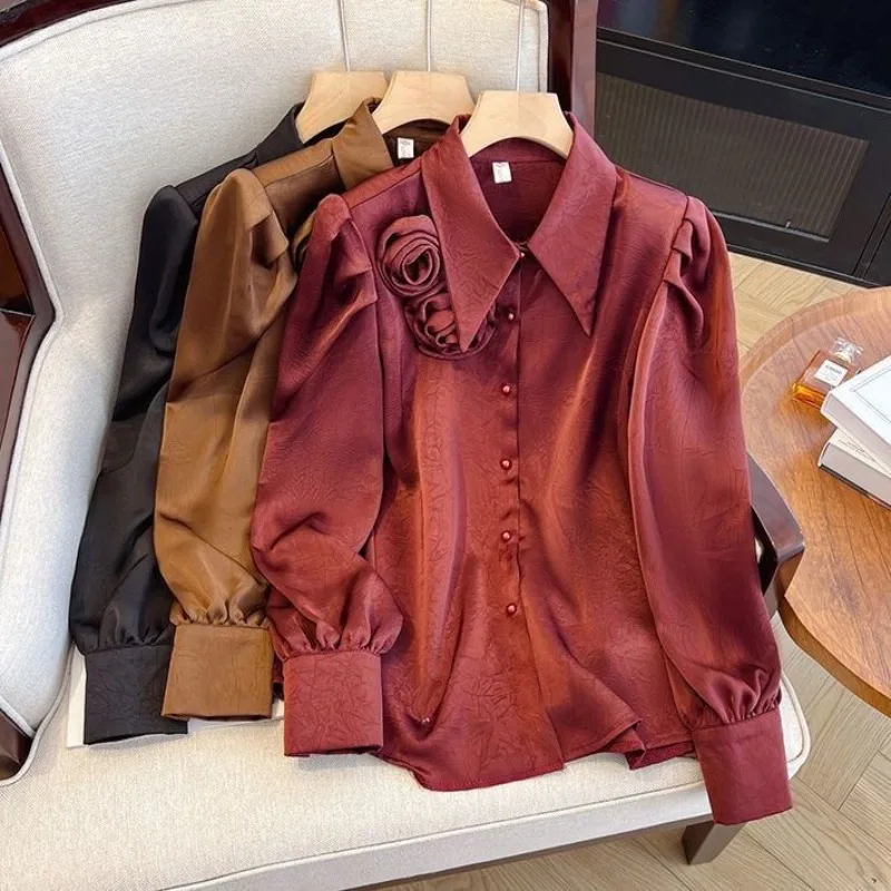 

Standing Collar Flower V-neck Shirt for Women Spring Autumn Autumn New Cardigan Coat Y2k Long Sleeve Loose Tops Mujer