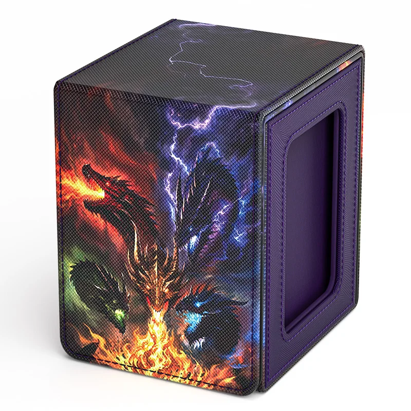 Card Deck Box for Dragon Pattern Print Cards with Display Window, Hold 100+ Double-Sleeved Cards, PU Leather, Fits CCG/TCG Cards