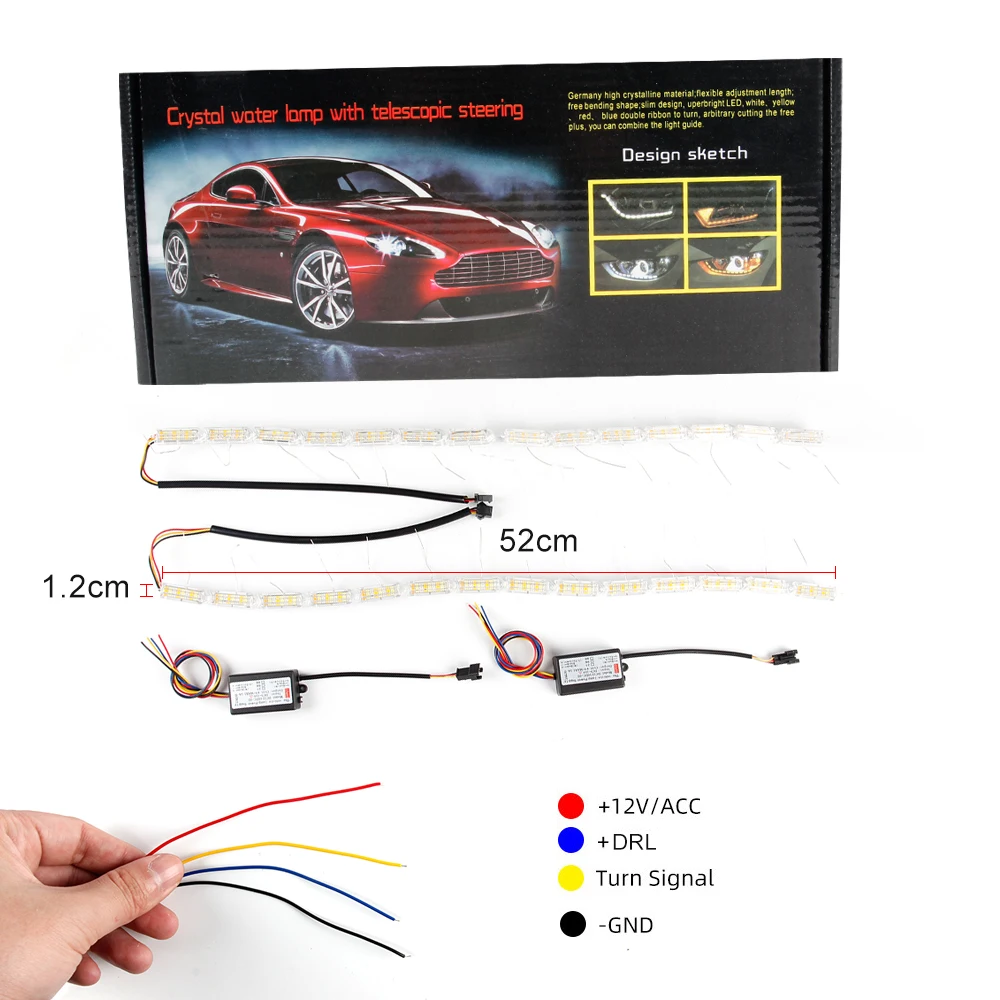 MIHAZ  2Pcs  LED  Daytime  Running  Light  3Colors  Flexible  Streamer  Turn  Signal  Strip  Start-scan  DRL  Car  Headlight 12V