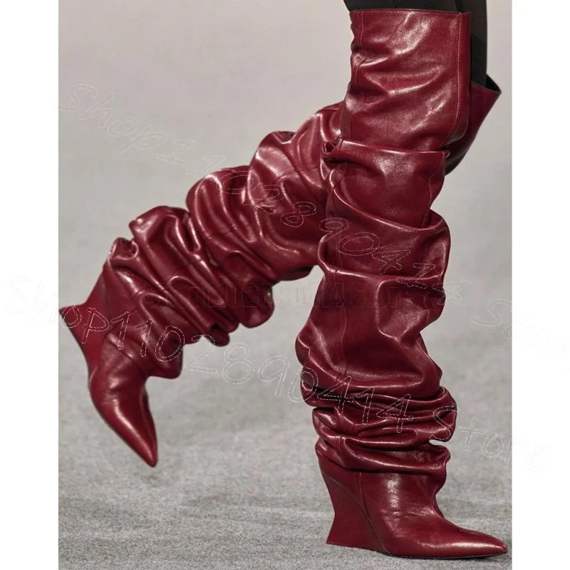 

Burgandy Pleated Design Strange Style Heels Boots Slip On Women Shoes Pointed Toe Party Runway Dating 2025 Zapatos Para Mujere