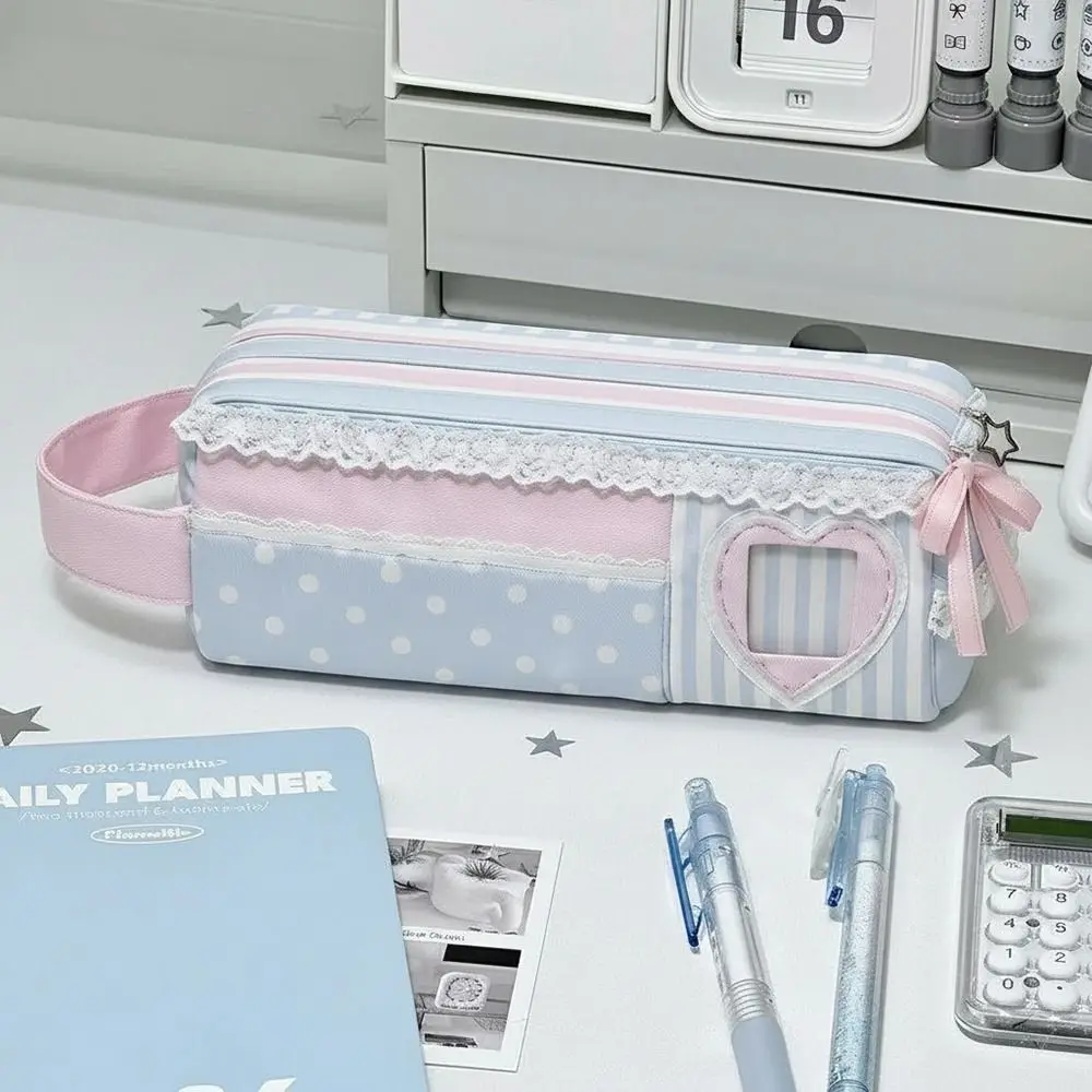 Multi Function Pink Blue Pencil Case Polka Dot Design Large Capacity Pencil Pouch Stationery Bag Students