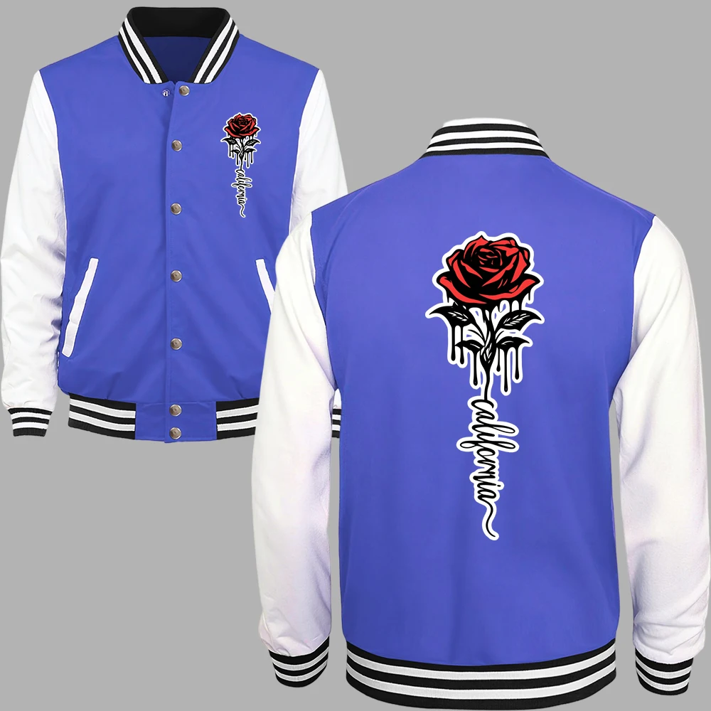 California Beatiful Rose Printed Women Baseball Uniform Sport Loose Streetwear Soft Cotton Clothing Autumn Button Female Jacket