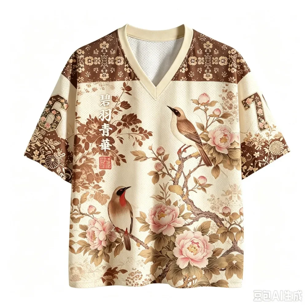 Unisex Chinese Style Peony Bird Full 3DPrint VNeck Jersey Fashion T Shirt Summer Casual Street Loose Breathable Short Sleeve Tee