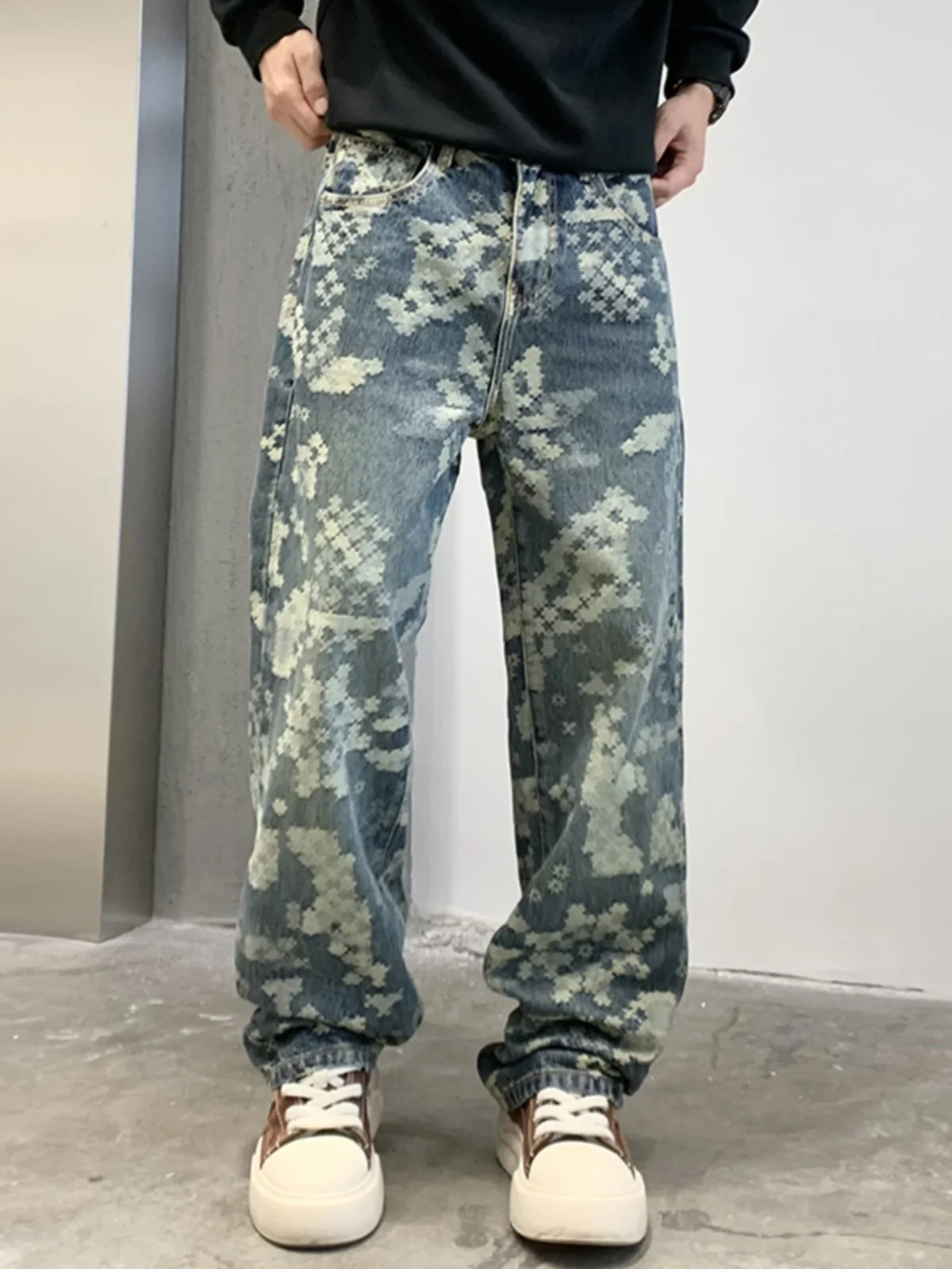 

Retro Floral Embroidery Wide Leg Jeans Men's Loose Straight American High Street Sle Casual Pants Youth Faion Wear Resistant