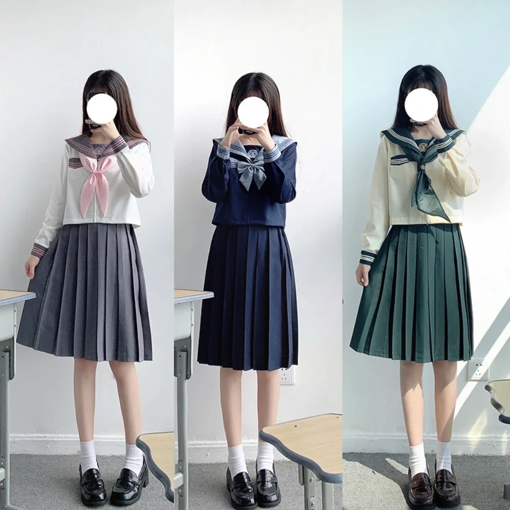 일본 학교 유니폼 소녀 Jk 선원 정장 세 가지 인기 세트 섹시한 주름 치마 Fuku Anime COS 졸업 의상 여성 2025