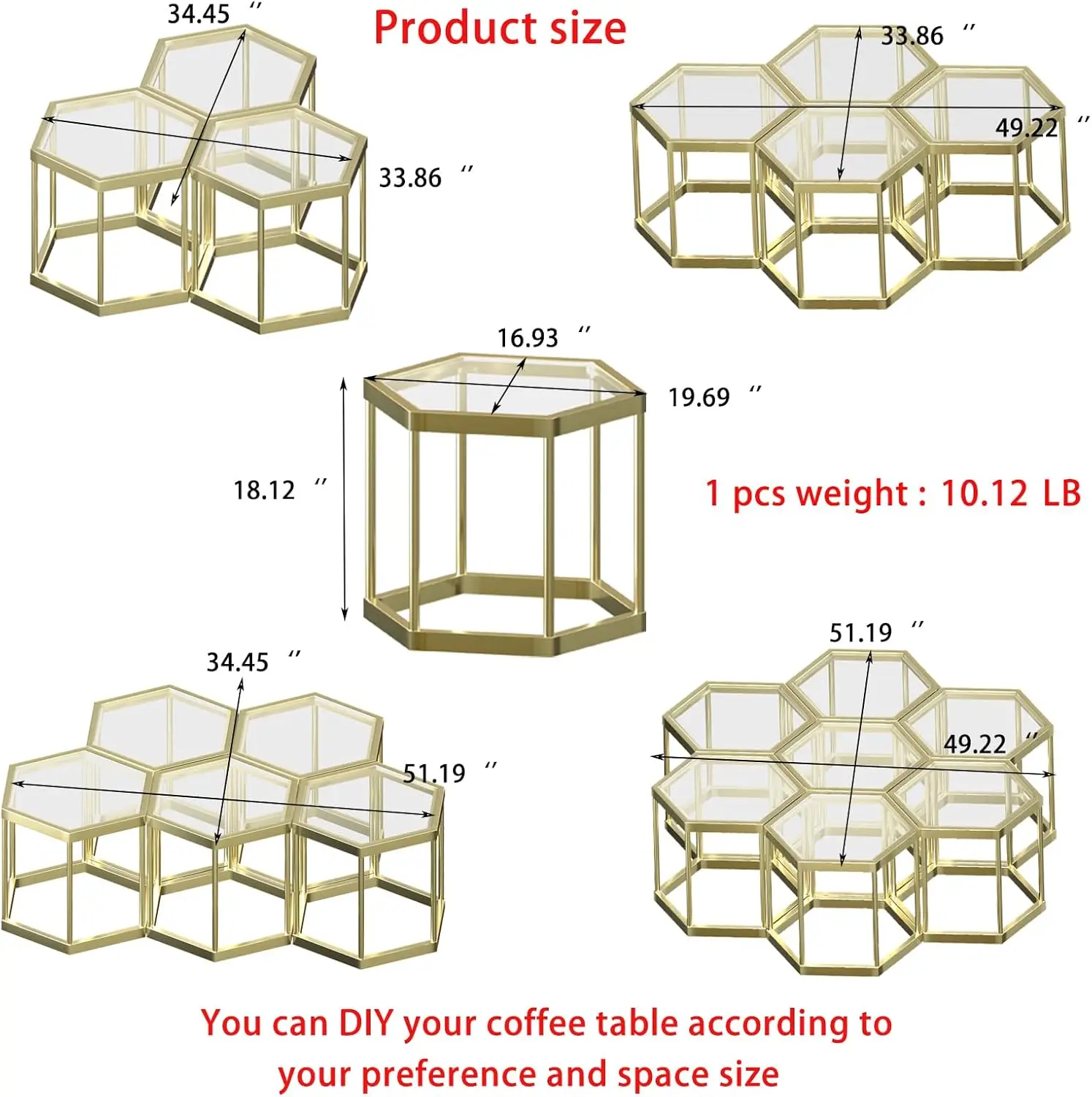

Gold Coffee Table Glass Modern Coffee Table, Hexagon Free Combination Glass Center Table Small End Tables With Metal Frame For
