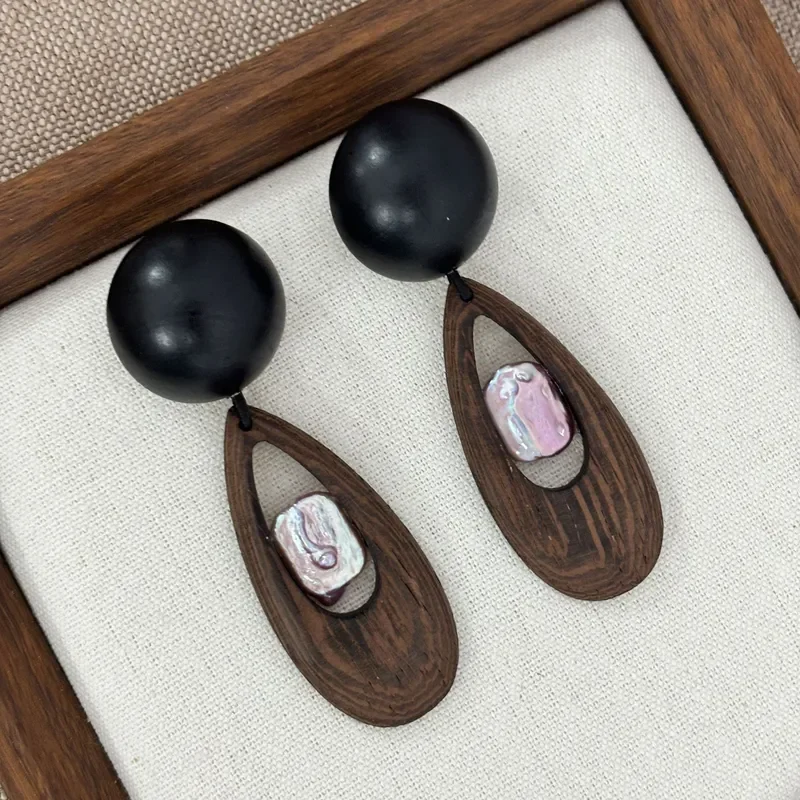 Vintage ebony round bead hollow water drop wooden frame pink purple baroque pearl earrings niche wooden earrings wholesale