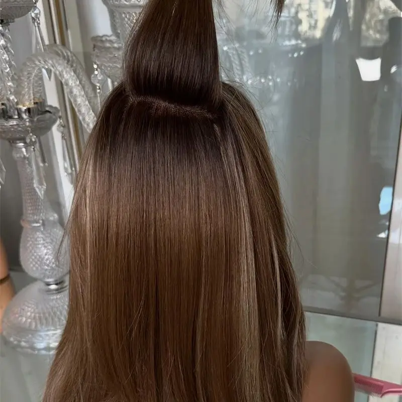 باروكة نسائية أومبير سمراء بني يسلط الضوء على Balayage الاصطناعية HD الدانتيل الجبهة الباروكات قبل قطعها شعري الطبقات مستقيم بوب شعر مستعار