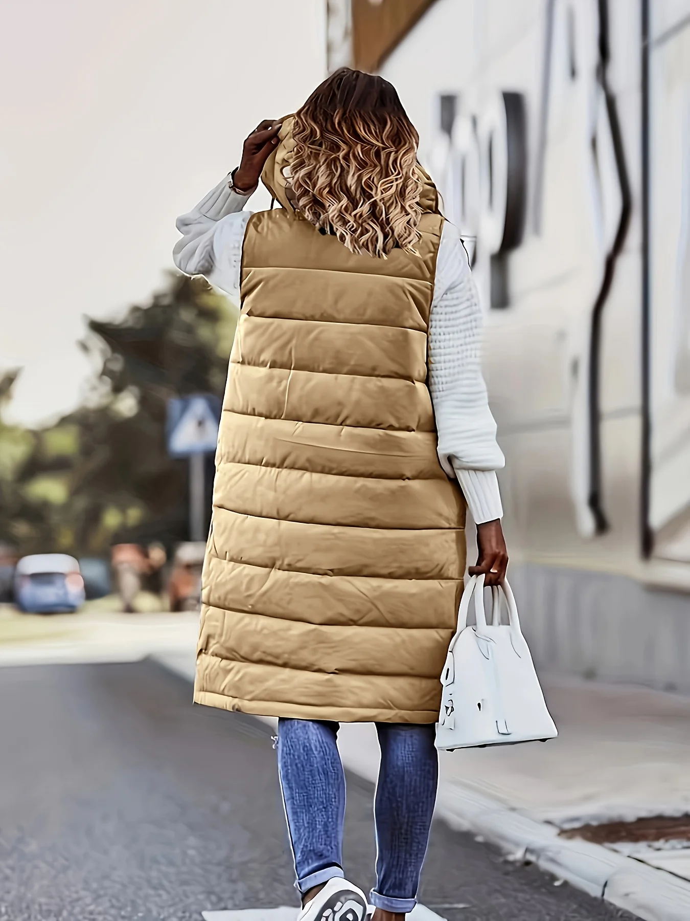 Women Reversible Long Hooded Puffer Vest Winter Sleeveless Padded Coat Casual Outerwear
