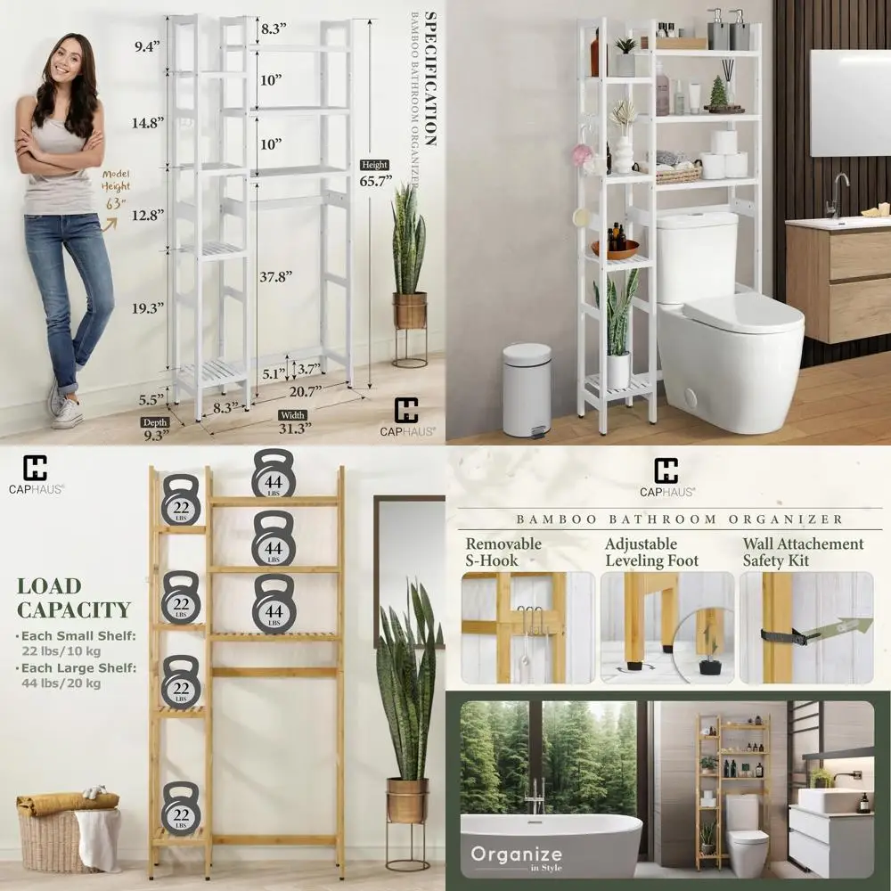 

7-ярусная бамбуковая полка для хранения над унитазом с регулируемыми ножками и крючками, белая