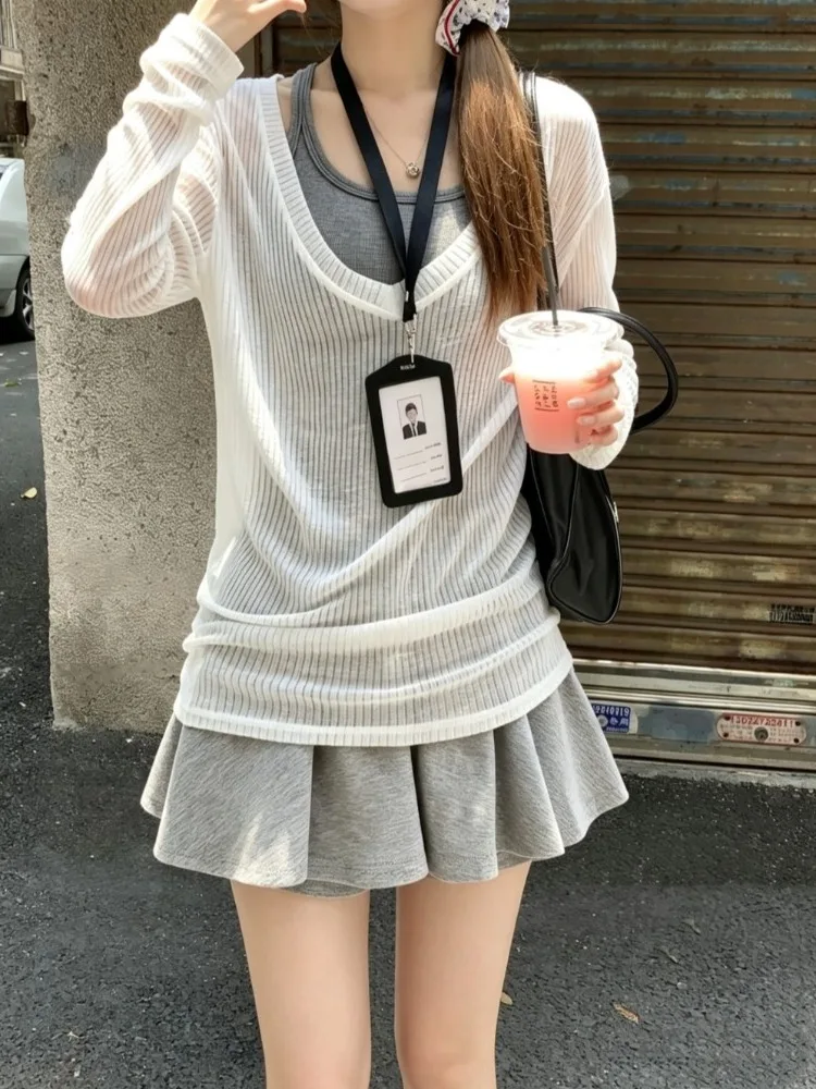

Slimming Thin High Waist Women's Three-Piece Set Tank Top Cover-Up Vest And Safety Skirt Pants Loose Fit Summer Fashion